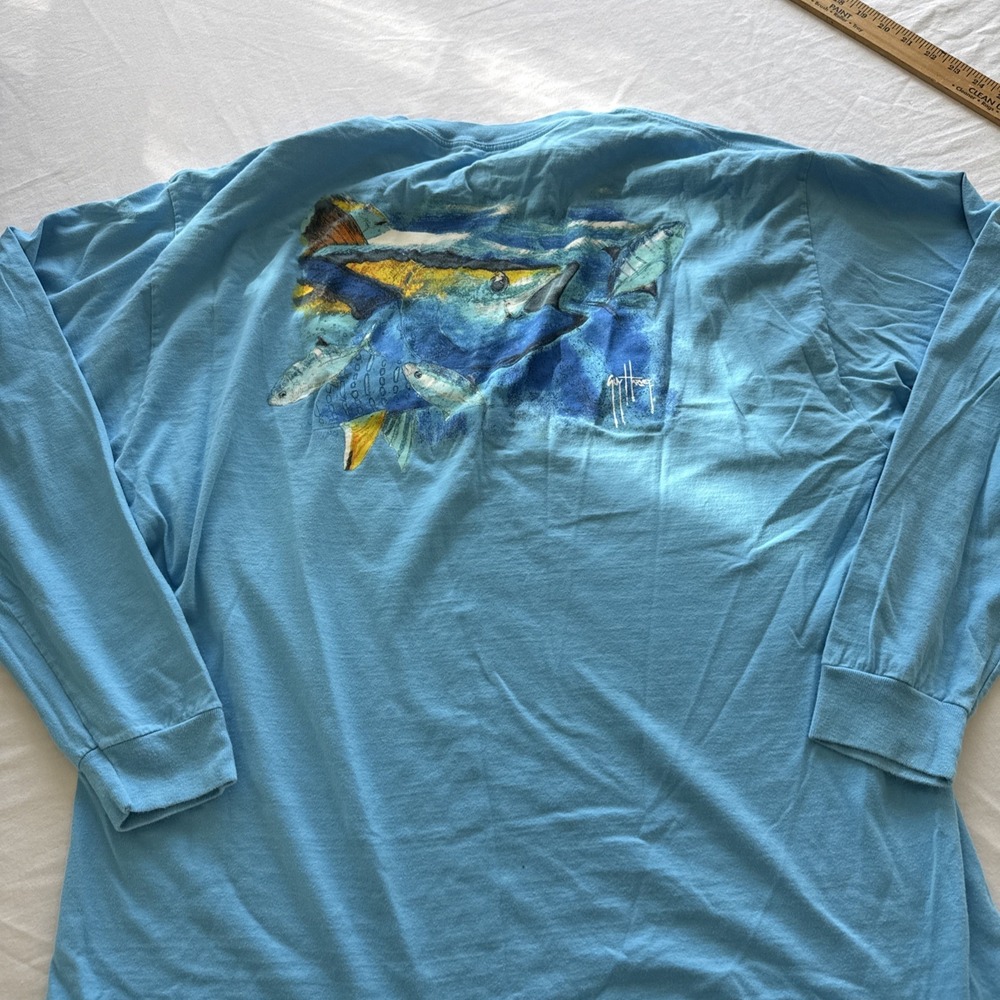 Guy Harvey Mens Blue Long Sleeve Fish Graphic Pocket T-Shirt Size 2XL